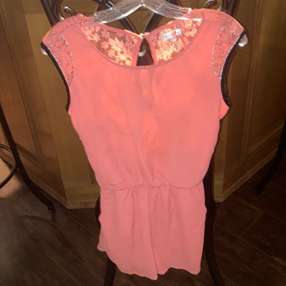 Coral Sleeveless Lace Accent  Romper